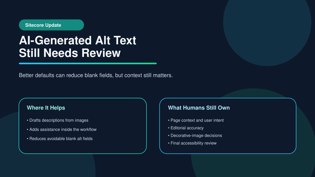 Sitecore AI-generated alt text can reduce blank fields, but page context, editorial accuracy, decorative-image decisions, and accessibility review still require people.
