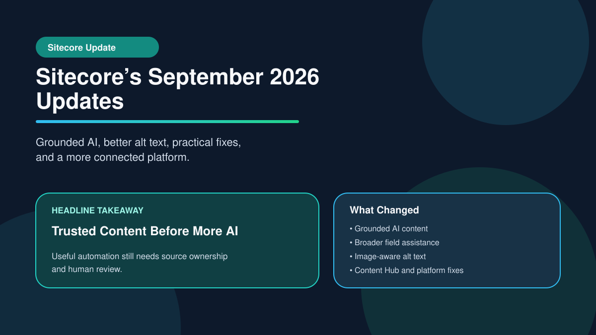 Sitecore September 2026 updates covering grounded AI, better alt text, practical fixes, and a more connected platform.